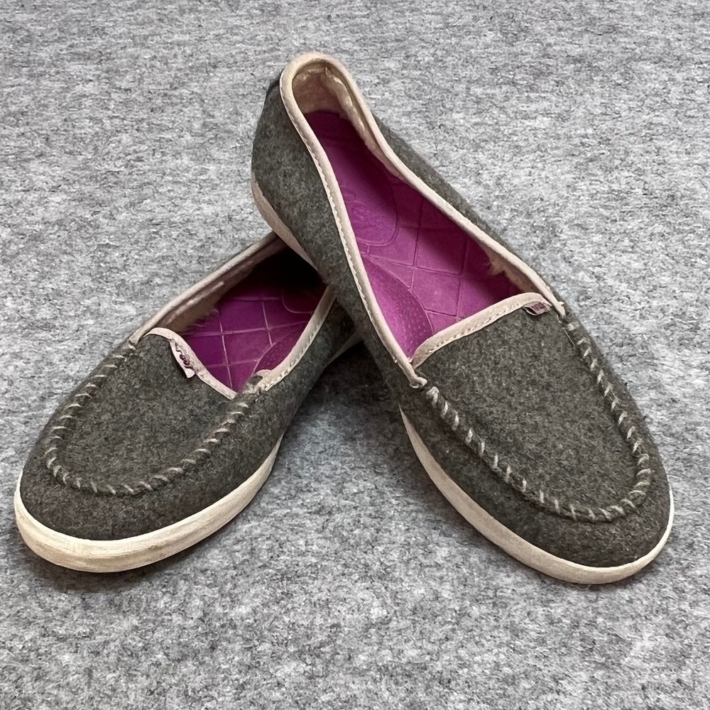 Reef Salty Island Fur Grey Felt Faux Fur Lined Moccasin‎ Lounge Loafers Womens 6